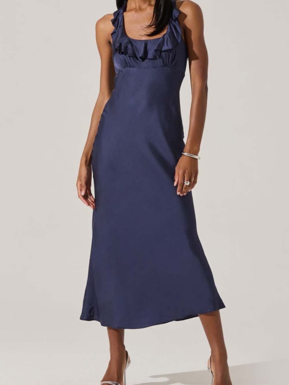 Astr Ruffle-Trim Midi Dress in Navy